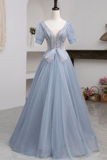 Blue Short Sleeve Tulle Floor Length Prom Dress with Beaded HZ1023